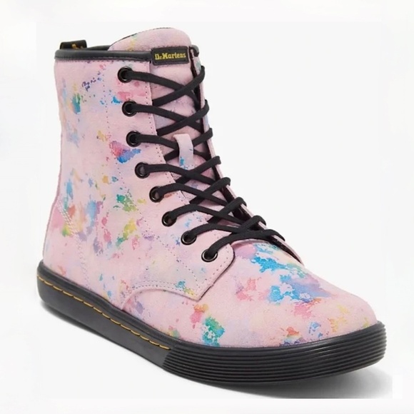 DR MARTENS Sheridan Confetti Suede Combat Ankle Boots Pink Rainbow Burst - Picture 1 of 13